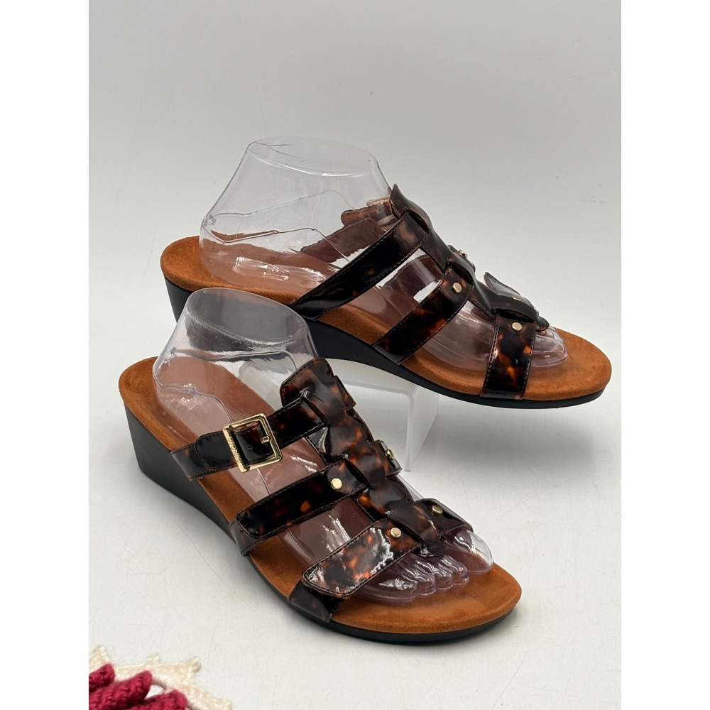 Vionic Tortoise Shell Wedge Sandals Womens Size 9 Brown Comfort Strappy Gold